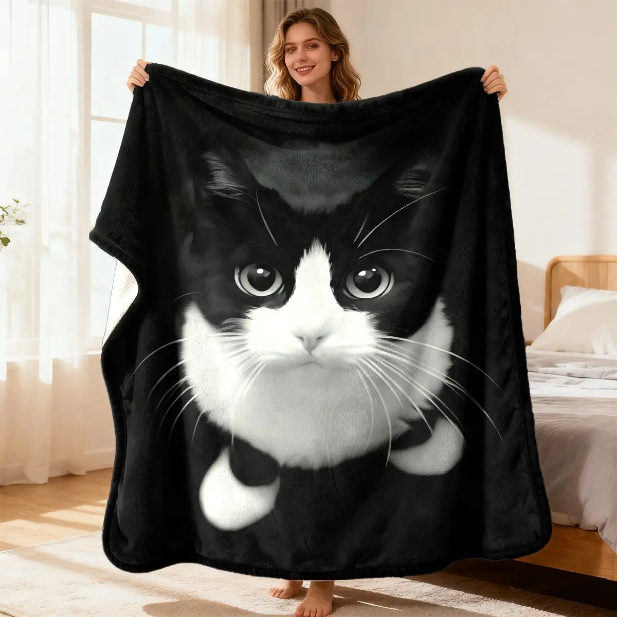 3D Realistic Black White Tuxedo Cat Face Printed Flannel Blanket - Gentle Soft, Soft Fluffy, Durable, Warm Throw for Adults, Gift Blankets for Cat Lovers, Cozy Setup for Bedroom Sofa, Christmas Gift
