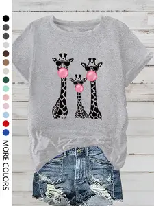 Women's Cartoon Giraffe Print Crew Neck Tee, Casual Cute Loose Fit Half Sleeve T-shirt for Summer, Ladies Clothes for Daily Wear, Everyday Top, Womenswear