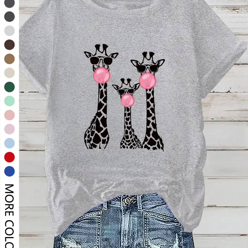 Women's Cartoon Giraffe Print Crew Neck Tee, Casual Cute Loose Fit Half Sleeve T-shirt for Summer, Ladies Clothes for Daily Wear, Everyday Top, Womenswear
