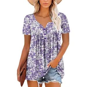 Womens Henley V Neck Casual Blouse Button Down T Shirts Flare and Flowy Tops
