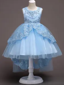 Girl's Rhinestone & Beaded Decor Embroidery Contrast Mesh Formal Dress, Elegant Bow Zipper Back High Low Hem Sleeveless Dress for Party Performance Wedding Guest, Princess Seraphina Dress, Kids Clothes for All Seasons