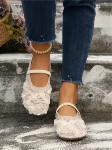 Women's Lace Flower Velcro Mary Jane Mules Breathable Flat Sandals (Black/White)