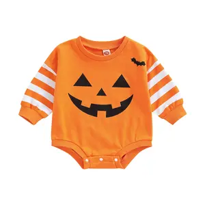 Unisex Baby Halloween Romper Striped Long Sleeve Ghost Print Round Neck Elastic Cuff Bodysuit Newborn Neutral  Outfit