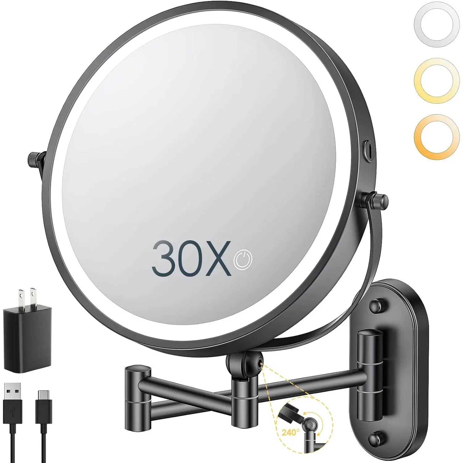 9" Wall Mounted Lighted Makeup Mirror,4000mAh Rechargeable Double Sided 1X/30X Magnifying Mirror with Light, Dimmable,Extended Arm 360 Rotation Wall Mounted Makeup Mirror 3 Color Lights
