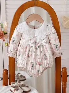 Girls' Spring and Autumn Floral Style jumpsuit, Baby Girl Clothes, Charming floral pattern, Fresh Rural Girl Style, Lace Lace Collar+3D Bow+Snap closure, Valentine's Day Gift, Suitable for One Year Party, Family Travel, Daily Dressing