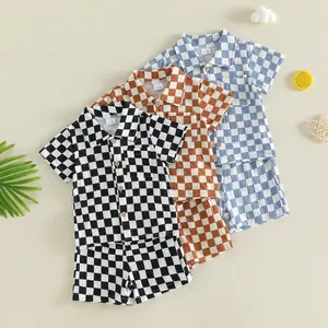 Babamoon Kids Toddler Baby Boys Summer Cotton Linen Outfits Set Checkerboard Plaid Short Sleeve Lapel Shirt Tops with Shorts 2Pcs Clothes Set 6M-6T