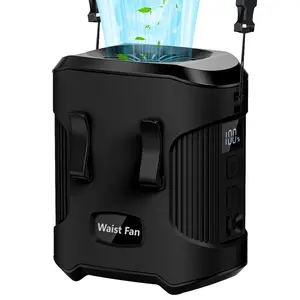Portable Wearable Waist Fan with 3-Speed Brushless Motor 12m/s Strong Wind LED Display Type-C Rechargeable 24H Runtime Hands-Free Clip-On Neck Fan with SOS Flashlight Power Bank for Outdoor Workers Construction Hiking Camping
