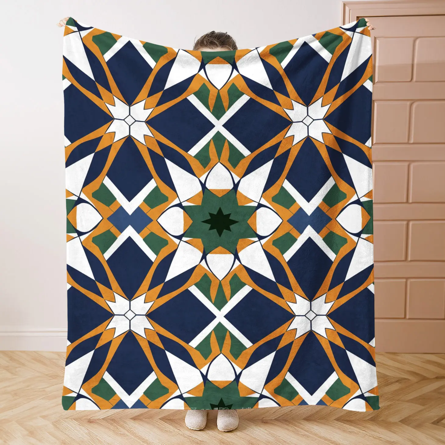 Contemporary Arabic Geometric Quilted Flannel Throw Blanket - 100% Polyester Soft Knit, Digitally Printed, Lightweight - Home Room Decor, House Decor for Bed, Sofa & Indoor Use