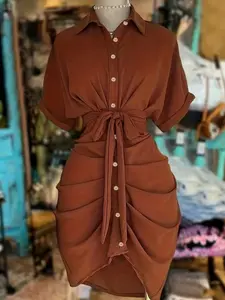 Women's Lapel Single-Breasted Belted Waist Short Sleeve Shirt Dress, Summer Fashion Casual Wear, Stylish Women's Clothing, Womenswear