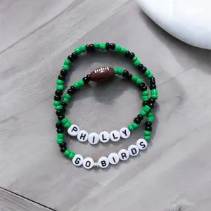 Eagles Philly Go Birds Beaded Bracelet with Green Black Beads and Football Charm