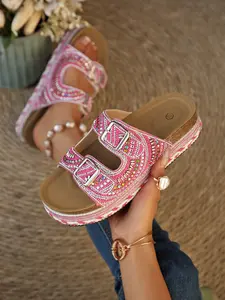 Women's Bohemian Style Rhinestone Decorated Double Buckle Sandals, Casual Trendy Sandals, Colorful Braided Cork Sole Open Toe Slippers, Summer Beach Shoes for Vacation