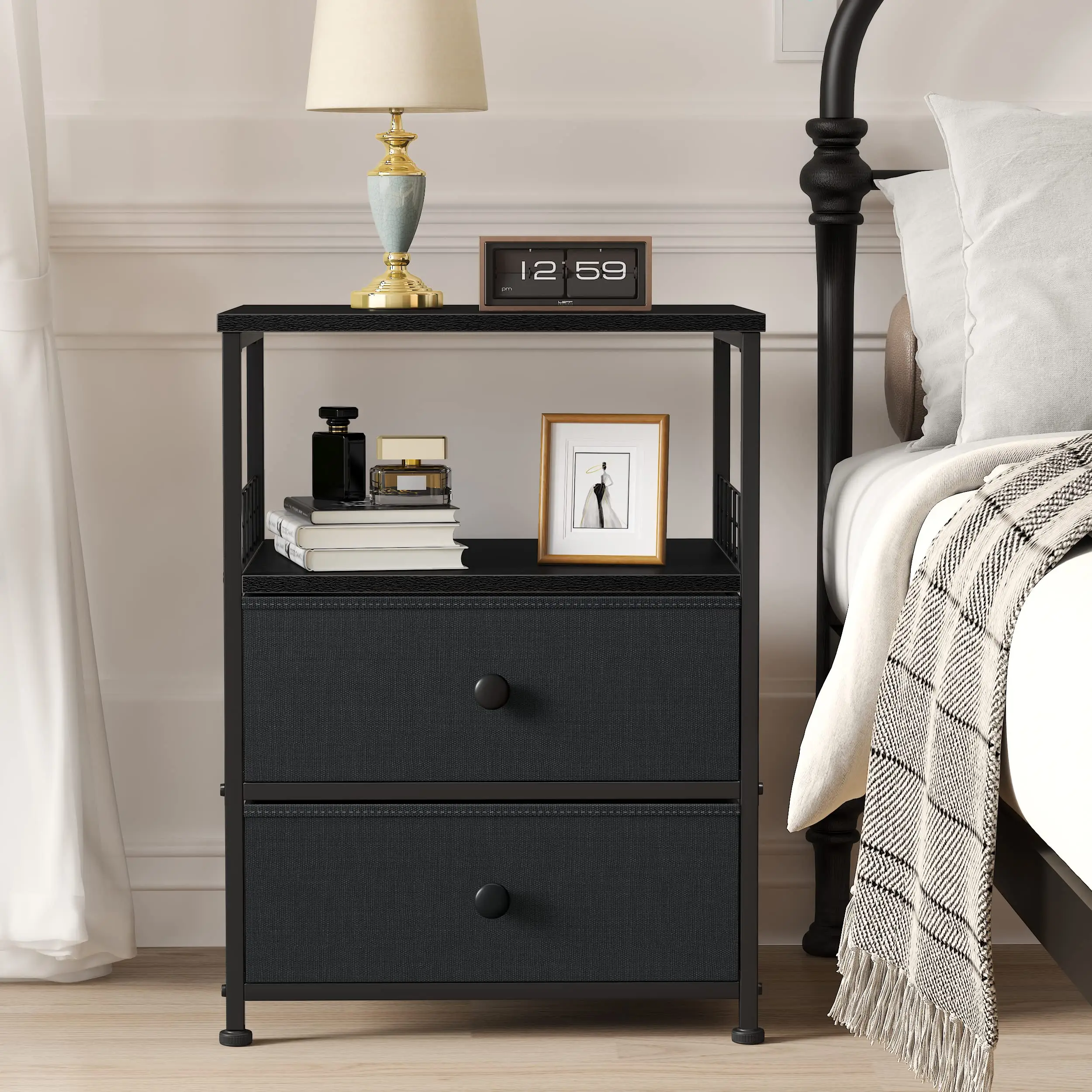 RaybeeFurniture 1/2 Nightstands, Bedside Table with Fabric Drawers and Open Wood Shelf Storage, Bed Side Table with Metal Frame, Night Stand for Bedro
