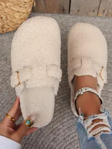 Women's Solid Color Belted Design Slippers, Casual Soft Comfortable Fluffy Home Slippers, Warm Slippers for Indoor & Outdoor Use for Women & Girls