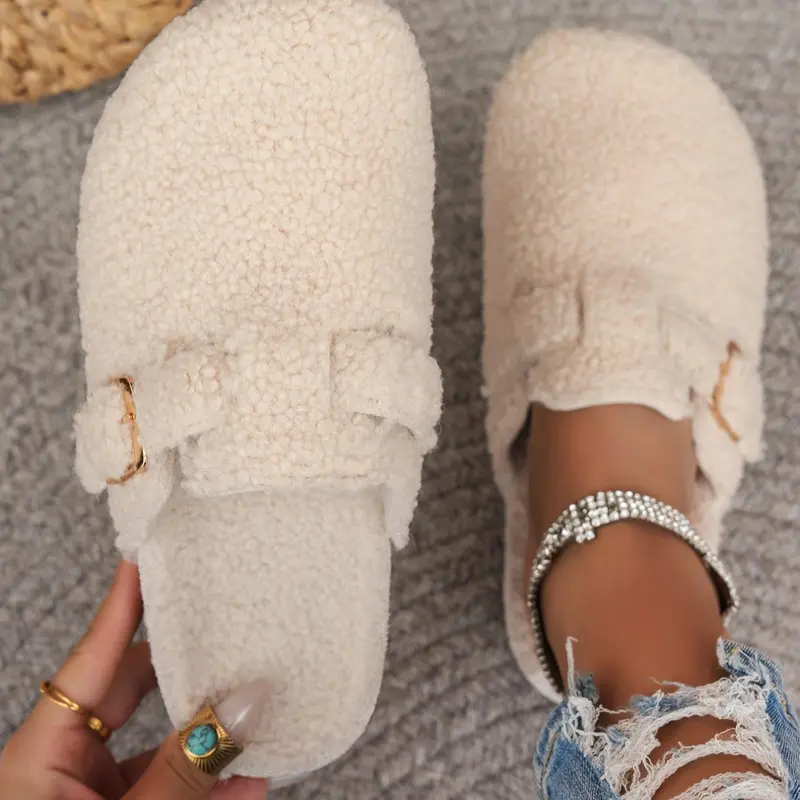 Women's Solid-Color Clog Warm Casual Slippers with Buckled Strap, Soft, Warm, and Comfortable Fluffy House Shoes for Indoor and Light Outdoor Use