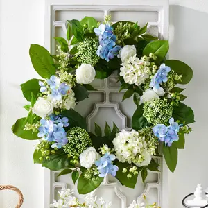 RAZ Imports 24" Blue Hydrangea and White Rose Summer Wreath for Fourth of July