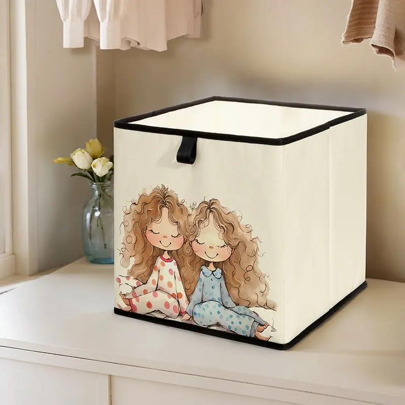Twin Girls Pattern Open Storage Box, Stackable Drawer Organizer, Space-Saving Design for Home Dorm Room Organization Under Bed