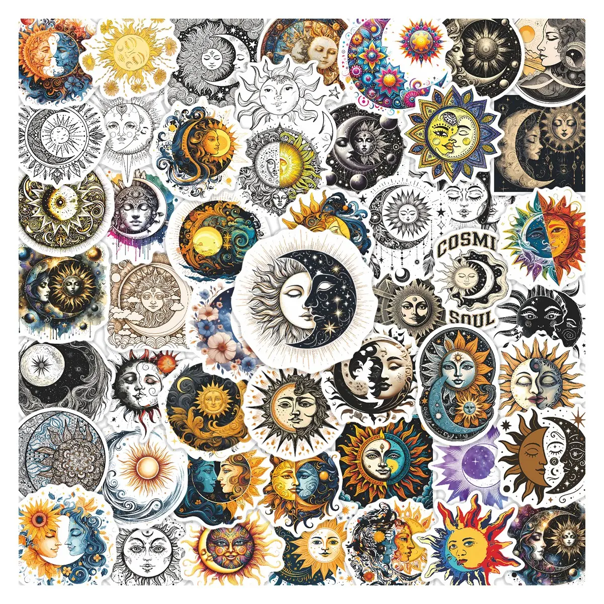 50pcs Sun and Moon Celestial Stickers Pack, Aesthetic Stickers, Waterproof Bohemian Celestial Mystic Sun Moon Face Decals for Laptop, Water Bottle, Journal & Scrapbook, Celestial Lover Gift, Scrapbook Accessories
