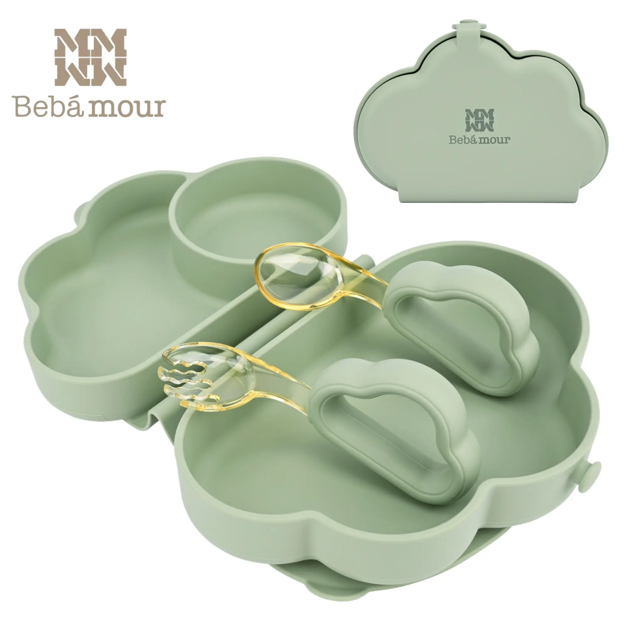 BEBAMOUR Cloud Design Silicone Baby Feeding Set, Baby Dinnerware Set, Toddler Dinnerware Set with Suction Divided Plates, Spoon and Fork, Silicone Utensils Set (Green)