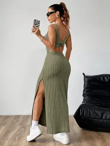 Women's Solid Color Simple Daily Split Thigh Long Dress, Elegant Sleeveless Fitted Design, Perfect for Everyday Wear