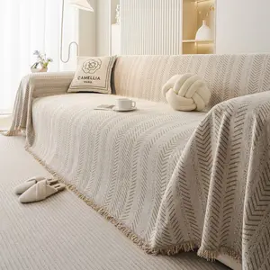 [Novel Home] Solid Color Sofa Cover with Tassel Decor, 1 Count Non-slip Elastic Sofa Slipcover, Dustproof for Home Living Room Bedroom#GLOBAL PICKS