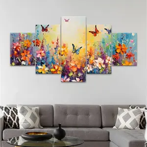 Flower & Butterfly Pattern Unframed Painting, 5 Counts/set Canvas Wall Art, Modern Wall Decor for Home Living Room Bedroom Office, Ornaments, Modern Home Decoration