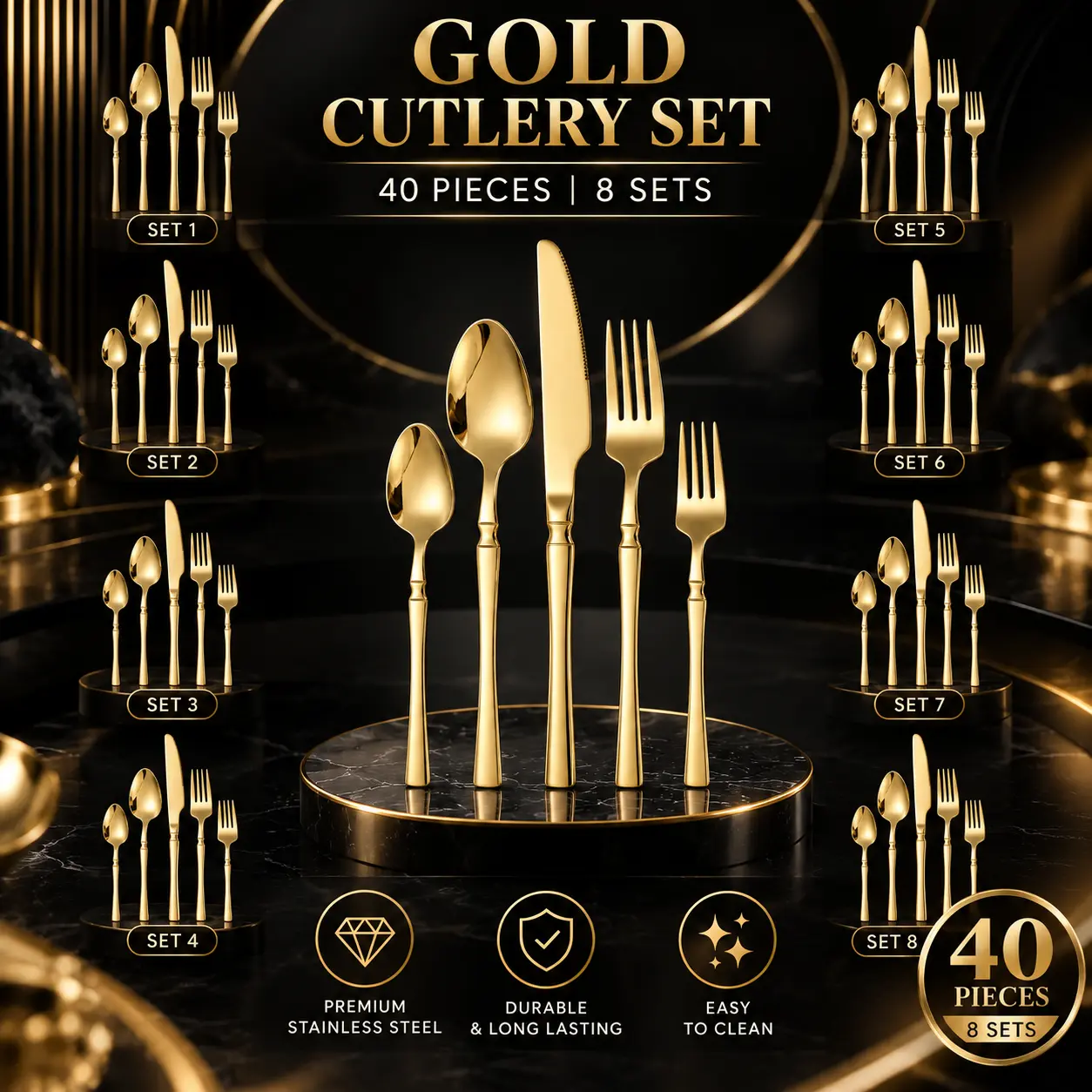 8-Person 40-Piece Fancy Gold Vintage Food-Grade Stainless Steel Cutlery Set - Heat-Resistant Flatware, Elegant Dinner Tableware Utensils for Party Gifting, Sohochic silverware
