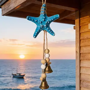 Coastal Resin Starfish Wind Chime with Bell, Seahorse Wind Chime, Ocean Theme Home Decor, Blue Starfish, Wooden Beads, Vintage Metal Bell