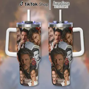 Pedro Pascal Tumbler 40oz – Pedro Pascal Coffee Cup, Celebrity Crush Gift, Gift For Fan, 40oz Tumbler With Handle