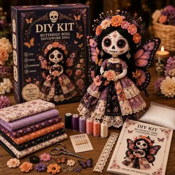 Day of the Dead Patchwork Doll DIY Sewing Kit - Handmade Fabric Doll Craft Kit with Floral Details, Halloween Sugar Skull Set for Craft Lovers, Warm White Star Curtain Lights (Holiday Gift for Grandparents)