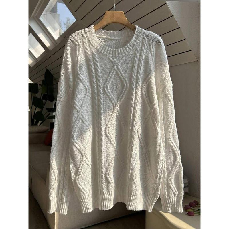Women's Round Neck Twisted Flower Long Sleeve Knitted Sweater Tops White Casual Minimalist Pullover Polyester Fabric Knitwear Back-to-School Graduation Outfit