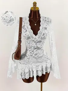 Ladies' Spring Autumn White Lace Perspective Sexy Dress, Sheer, Summer Hippie Style Thin Waist Mini Skirt, Sexy Waist Tight Fit Low cut V-neck Dress, Trumpet Sleeves, Full body Lace, Party, Date Dressing