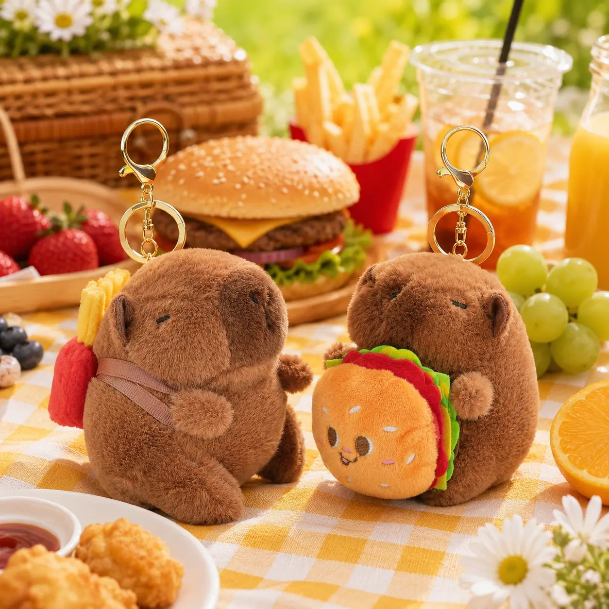 Cute Food Theme Capybara Plush Keychain - Eco-Friendly Lightweight Fabric Hamburger and Fries Bag Charm, Stress Reliever Pendant for Daily Use, Interactive & Fun Gift for Girls, Kawaii Aesthetics