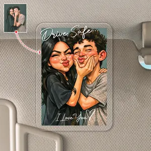 Personalized Funny Caricature Portrait From Photo, Drive Safe I Love You Gift For Him, anniversary Car Keepsake, Custom Couple Car Visor Clip