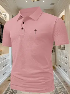 Men's Summer Cross Pattern Polo Shirt, Breathable Short Sleeve Knitwear, Fitted, Fashion Comfort Textured Collar, Casual Business Daily Wear Gift, Menswear