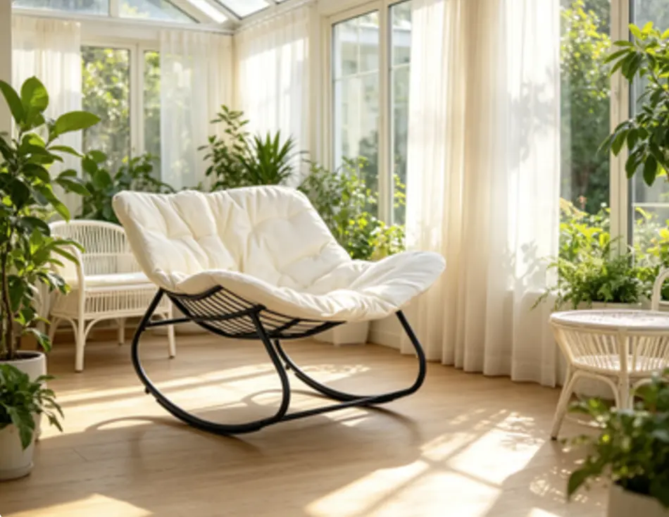 Comfy Padded Papasan Rocking Chair, Curved Metal Frame Oversized Leisure Rocker Lounge Chair for Indoor & Outdoor