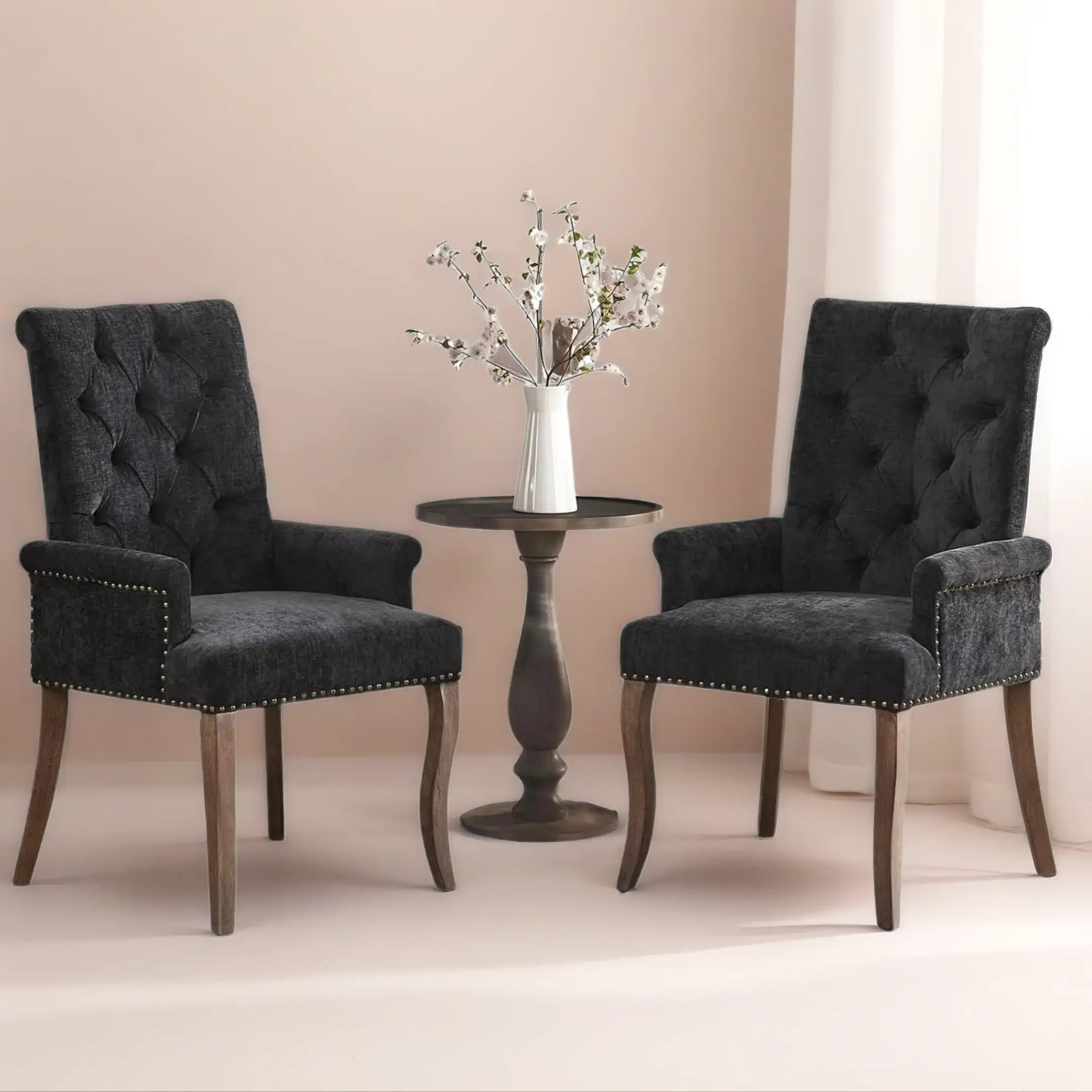 SoarFlash 2-Piece Chenille Dining Chairs Set - Modern Accent Chair with Tall Diamond Tufted Upholstered High-End Back, Solid Wood Armchair with Armrest, Soft Arms, Curved Wood Legs, Black