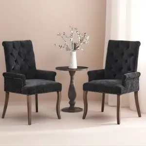 SoarFlash Chenille Dining Chairs Set of 2, Tall Back Side Chair，Modern Upholstered High-end Tufted Side Chair with Armrest, Solid Wood Leg, Black