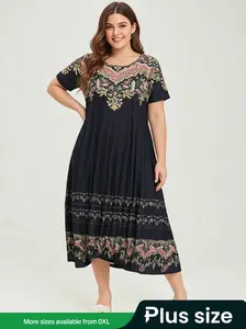 【Plus Size】 Floral Print Round Neck Dress, Boho Chic Dress, Boho Fashion Casual Short Sleeve Maxi Dress for Daily Holiday Vacation Wear, Women Plus Clothing for Summer