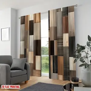 2 pieces of modern curtains - with wood grain pattern, color brown, gray, beige, black, white, semi blackout, - machine washable polyester fiber material, modern design, home decorator, 2D plan, bedroom and living room curtains, kitchen curtains