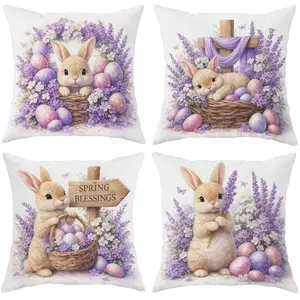 4pcs, Easter Throw Pillow Covers, Easter Theme Spring Bunny Floral Purple and Pink Cute Decorative Pillowcases, Suitable for Living Room, Bedroom, Sofa and Bed, Cute Throw Pillow Covers, Single Sided Printing, No Pillow Core, Home Textile