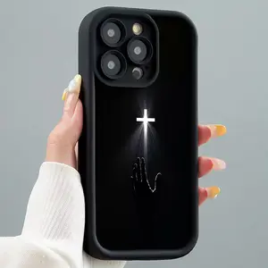 Black Background + Cross & Hand Pattern Phone case for iPhone Samsung Galaxy cases 16Pro Max 16 14 13 12 11 XR XS Plus E S25 S24 S22 S23  Advanced fashion gift Full Body Protection Shockproof TPU Soft Silicone Cover