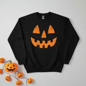 Halloween Pumpkin Face Sweatshirt for Men & Women – Spooky Jack-O’-Lantern Graphic Pullover, Cozy Fall Aesthetic Halloween Party Crewneck | Sweatshirt | Cotton | Novelty | Unisex | Graphic | Gift for Him/Her