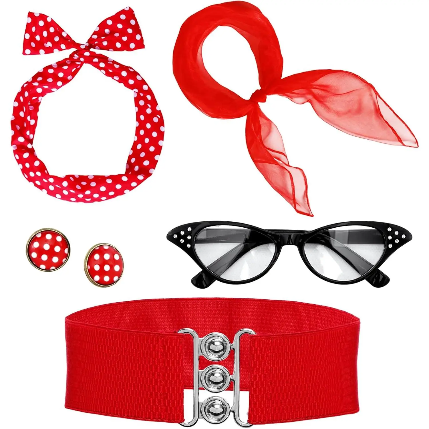 5 count 1950s Costume Accessories for Women Earring Scarf  Eye Glasses Headband Waistband for Hallowmas