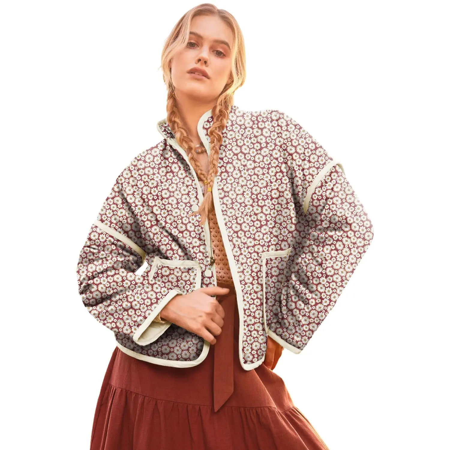 Women's Pink Floral Print Stand Neck Coat with Contrast Edge Detail