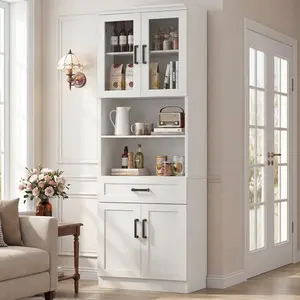 79.7" Tall Farmhouse Pantry Cabinet with Glass Door | Freestanding Kitchen Storage Hutch with Adjustable Shelves & Deep Drawer | Wood Grain + Black Metal Handles for Living Room, Bathroom, Home Office