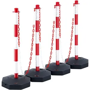 Adjustable Traffic Delineator Post Cones, 4 Pack, Safety Barrier Kit With Fillable Base And 8-Foot Chain, Ideal For Traffic Control, Parking Lot, Construction, Roadway Caution, Red And White