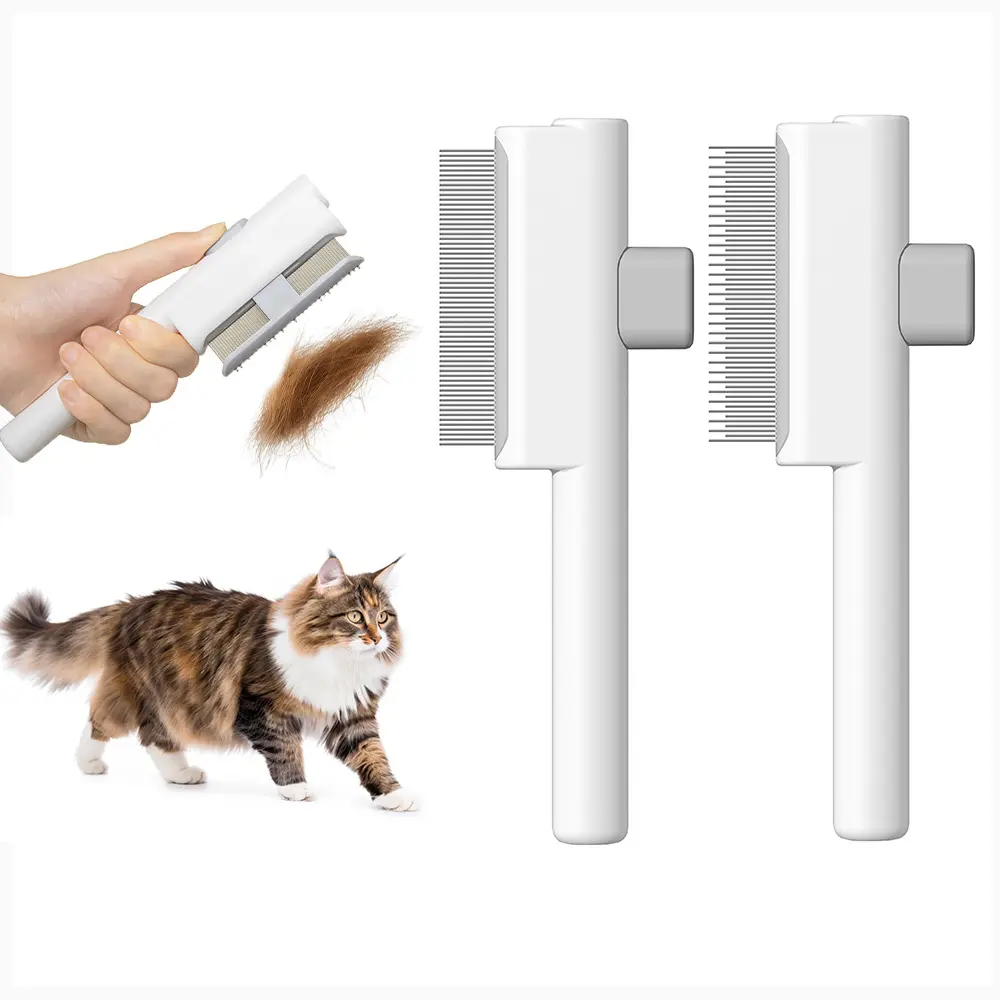 Marchul 2-Piece Dog & Cat Grooming Tools Kit - Stainless Steel Deshedding Brush with Patented 1-Click Release Mechanism, Dual-Layer Combing System Flea Comb, Durable BPA-Free ABS Handle for Knots & Fur Removal