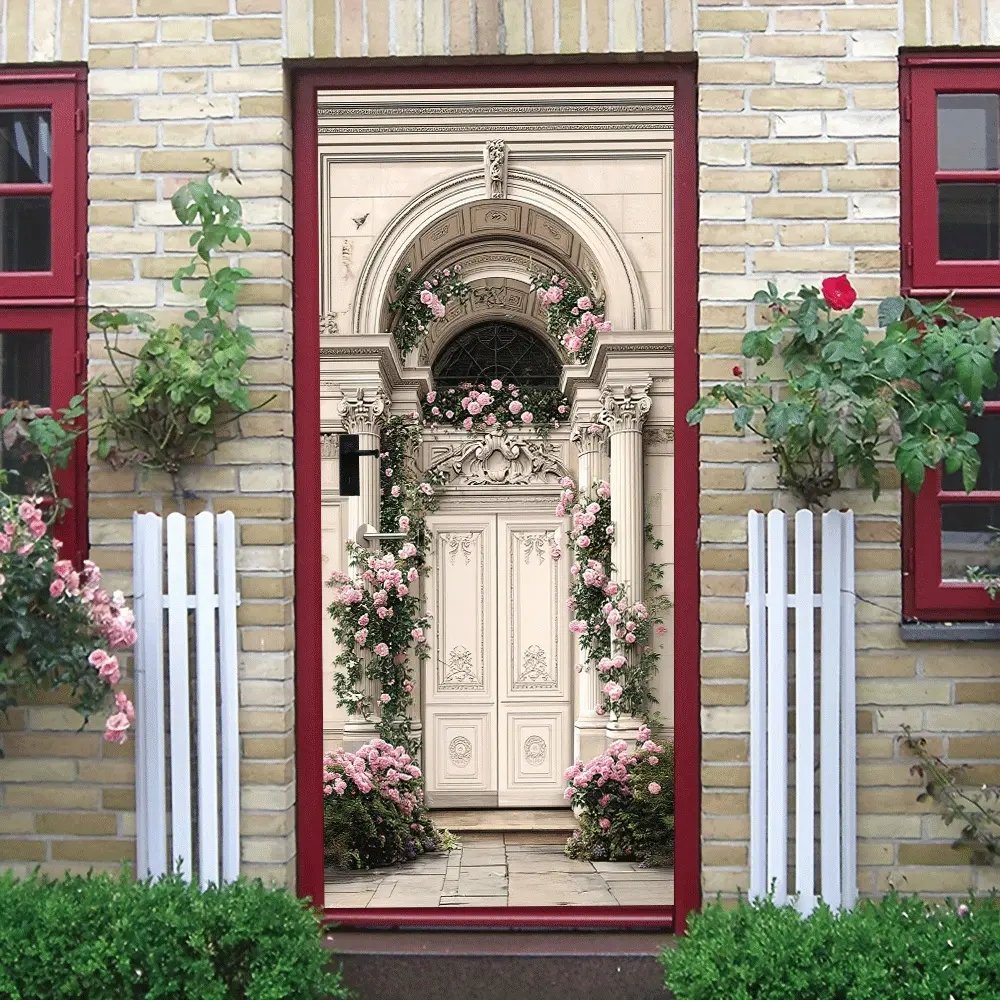 2pcs European Retro Carved Door Wall Sticker Stereo Simulated Architecture Decorative Sticker Self Adhesive Wallpaper for Living Room Entrance Bedroom French Palace Style Flower Arch Mural Removable Wate