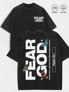 Mens Baggy Oversized Short-Sleeve Fear God Retro Distressed Aesthetics Typography Tee, Unisex Casual Daily Church Faith Christmas Menswear T-Shirt