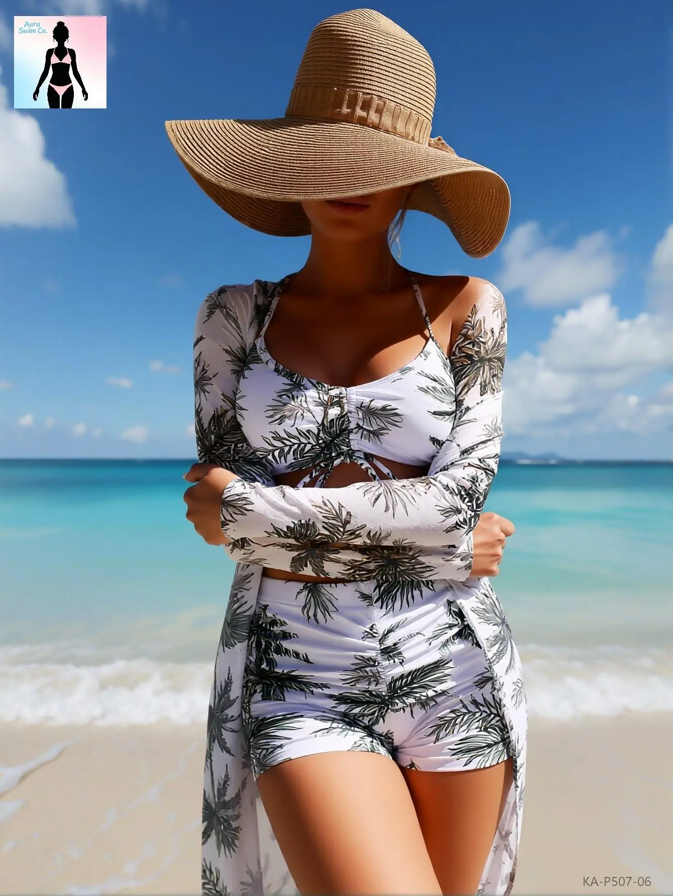 Aura Swim Women's 3-Piece Tropical Print Swimsuit Set with Quick Dry V-Neck Top, Tummy Control High-Waist Shorts & Long Sleeve Cover Up, Uv Protection, Bikini